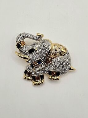 Vintage Gold Plated Elephant Brooch – Rhinestone Crystal Statement Pin